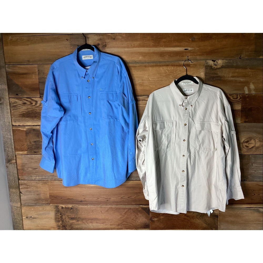 Vtg Orvis (2) XL Vented Fishing Shirt Long Sleeve Button Down Hong Kong Tan/blu